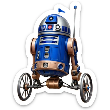 Action in Old American West tarnished R2D2 bounty policeman in 1854 delicately ornate rosegold accents painted buggy powered by electric motors and batteries with safety features and belts flying rapidly across rough dusty terrain stable on strong agile futuresteampunk suspension and steering  sticker