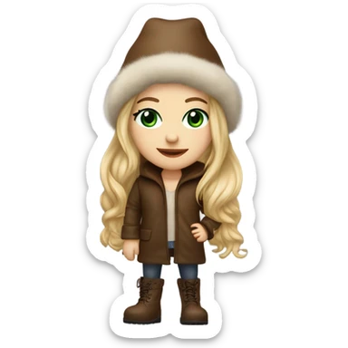 Realistic White girl with Long straight blonde hair, green eyes, tattoos, full body wearing Brown fur coat and fur hat and Brown leather boots, doing cute pose sticker