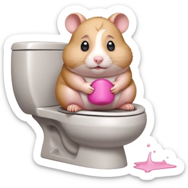 Cute chubby cartoon-style hamster sitting on toilet pooping looking as if he had an accident sticker
