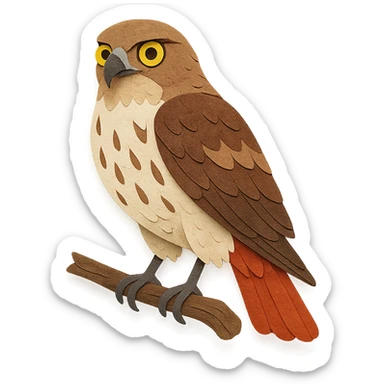 red-tailed hawk on a branch, layered paper details, expressive yellow eyes, brown and white plumage, vivid red tail, naturalistic pose sticker