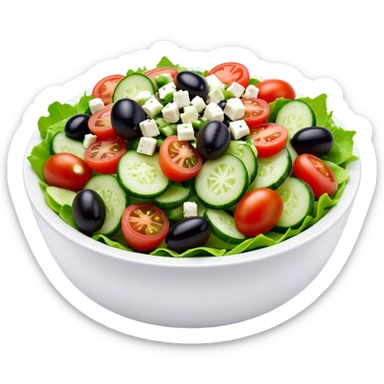 Cinematic Realistic Greek Salad Dish Emoji, depicted with crisp lettuce, tomatoes, cucumbers, olives, and feta cheese rendered with vibrant textures and fresh, natural lighting. sticker