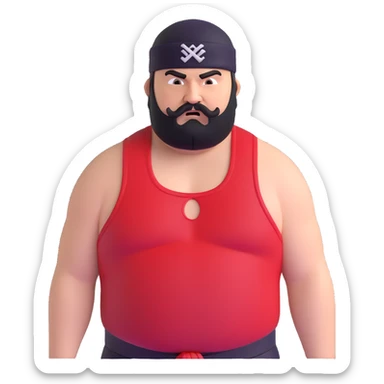 Close-up of extremely fat white skin guy with young face, prominent BLACK DURAG tied clearly on head, distinct black beard and mustache, no muscle, black eyes in a red and black wrestling singlet with angry face sticker