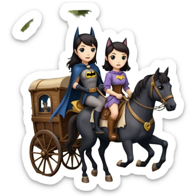  Rustic wood detailed 1854 Batman driving and pretty dark-haired Catgirl riding a horse drawn huge Caravan alone together on a romantic trail in the woods  sticker