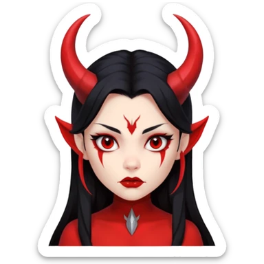 Head only: demon girl, 100% red skin, long black hair, small horns, sharp cheekbones, serious eyes, full lips, pointed ear; centered, no body, no text. sticker