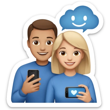 Generate a realistic emoji of a two people using a phone which shows artificial intelligence sticker