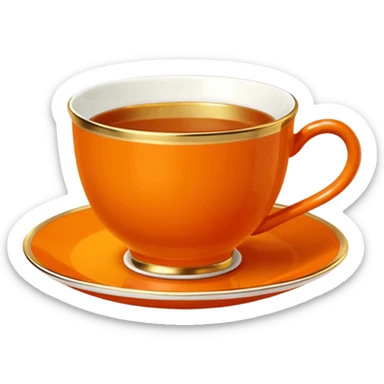 Hermès-style ceramic teacup with saucer, Hermès orange and gold trim, luxury, cute emoji style sticker