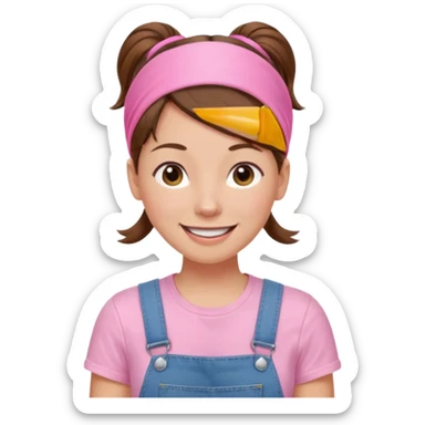 preschool teacher with brown hair pulled up in high ponytail and light pink thin width headband. Has a pink t-shirt with denim overalls. enthusiastic expression with big smile sticker
