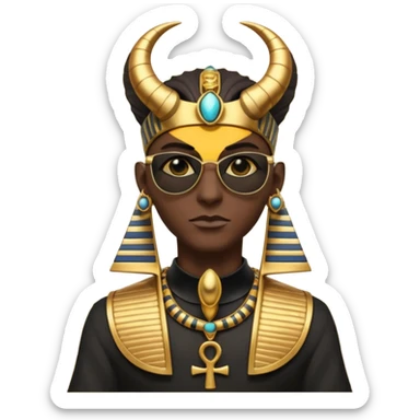 3D cartoon horned character portrait, wearing sunglasses, gothic ancient Egyptian style, pharaoh collar, dark gold and black outfit, ankh symbols, Egyptian jewelry, mysterious expression, soft dramatic lighting, centered, clean background, no text, no watermark sticker