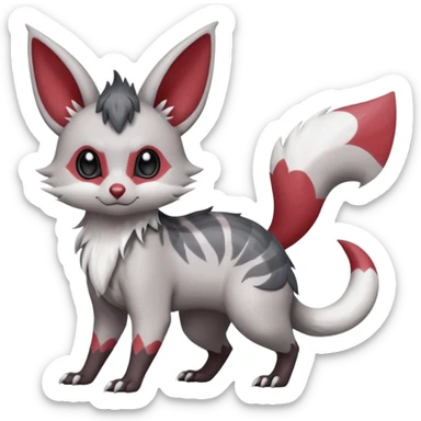 Minccino-Lykoi-Emolga-Pachirisu-Zangoose-fusion-hybrid-animal-Fakémon-creature, full body, thin long sleek scaly tail, intricate markings sticker