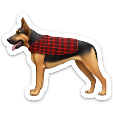 75% Coonhound 25% German Shepherd mix dog wearing small pointed red buffalo plaid bandana side view full body facing left sticker