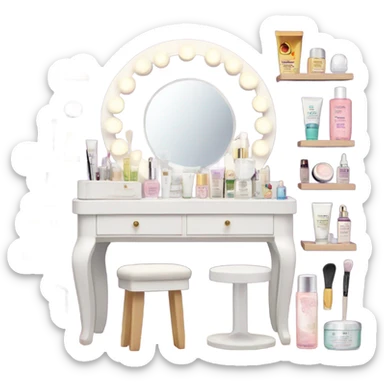 White vanity with a lot of skincare and makeup with lights on the mirror sticker