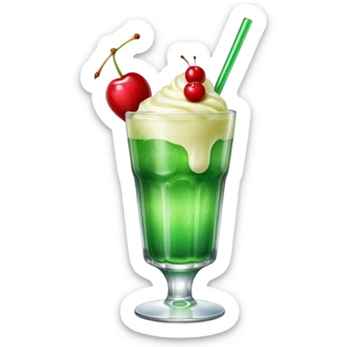 Create an emoji with a clear rounded glass, bright transparent green soda with fine bubbles, a smooth vanilla scoop circle shape, a glossy red cherry, using vibrant colors, soft shading, and clear glass highlights.
 sticker