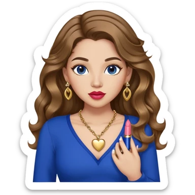 Light skinned girl, long wavy brown hair center-part with face framing pieces, big hazel eyes, gold heart necklace and earrings, royal blue long sleeve top, prominent blush, sassy, big lips, fancy long acrylic nails done, holding lipstick. She is curvy sticker