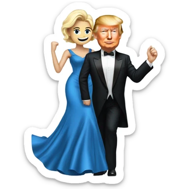 elon musk in tuxedo dancing with donald trump in blue ball gown sticker