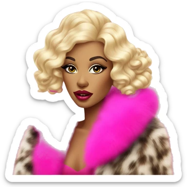 glamorous brightly made-up blonde in a fur coat with long pink nails and big lips sticker