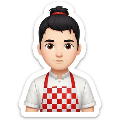 big boy with black hair in a topknot, wearing a white apron with red squares pattern sticker