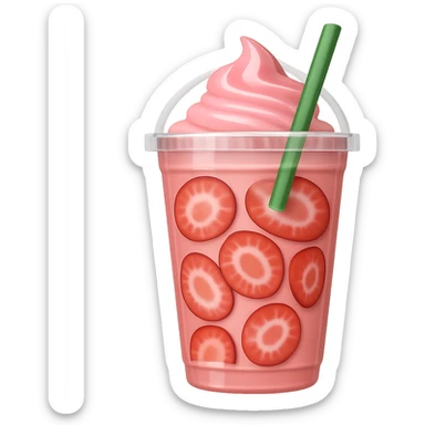 Show the strawberries inside the drink as thinly sliced pieces, keep the light pink Starbucks drink in a clear cup with green straw, in emoji style with no background. sticker