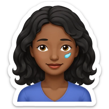 Happy face with tears,  dark brown skin color black women wavy hair shoulder length, eyes slightly closed sticker
