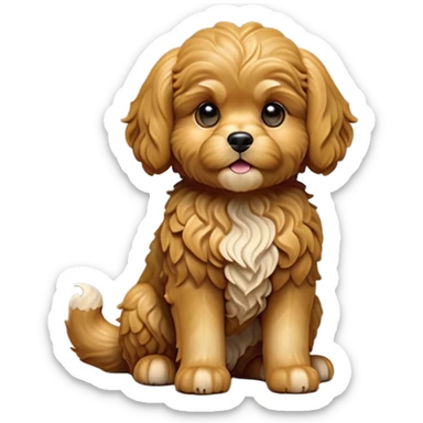 cinematic-[cavoodle dog]-realistic-full-body-sitting-emoji,-tail-resting-loosely-beside-its-paws,-head-tilted-dramatically,-wavy-[solid golden]-fur,-simplified-yet-realistic-focused-features,-highly-detailed,-glowing-with-an-almost-sarcastic-glow sticker
