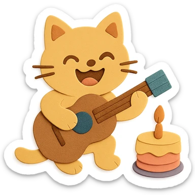 Make the cat laugh happily and enhance the overall design for even better visual appeal. Keep the cat playing guitar next to the cake, and maintain the paper-craft style. sticker