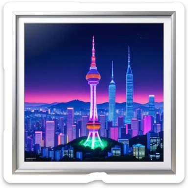 N Seoul Tower – Cinematic Realistic N Seoul Tower, depicted as a sleek modern tower illuminated against a vibrant cityscape at night, with reflective glass and dynamic neon lighting, rendered with intricate architectural detail and a futuristic urban glow. sticker