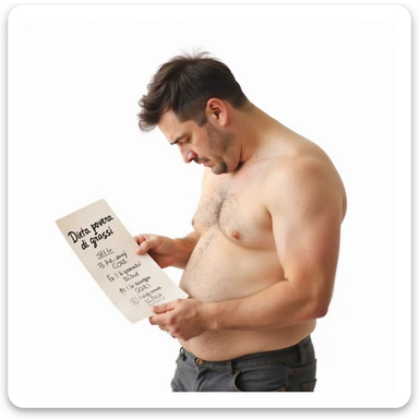realistic man with untoned body and slumped posture holding a shopping list highlighting only lean foods and no healthy fats, attention symbols near skin and hair, Italian caption: 'Dieta povera di grassi: rischio per salute ed estetica', isolated on white background sticker