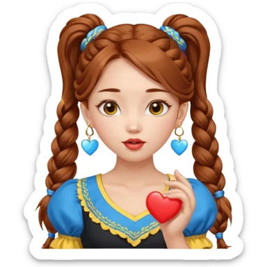 A cute ukrainian girl, looks slightly mongolian with full lips, with long auburn hair two side ponytails plaited, has heart earrings in the ukrainian yellow and blue, and is wearing her little black dress, she is blowing a kiss. sticker