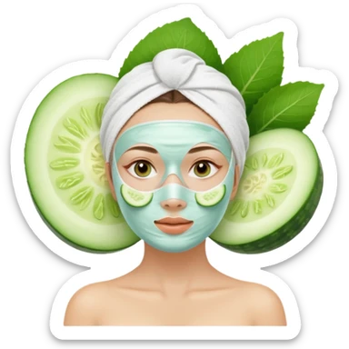 lady at spa, white face mask, cucumber slices on eyes, relaxed sticker