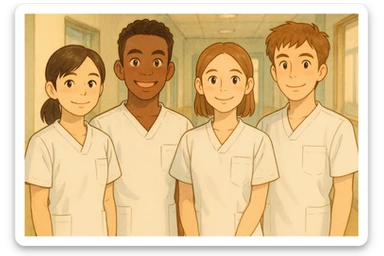 Four nursing students standing side by side, inspired by the faces from provided photos, in a warm Ghibli style. They wear white short-sleeved medical tunics with V-neck collars and left chest pockets, made of light fabrics suitable for hospital or school environments. Friendly atmosphere, soft background evoking a hospital or school setting, no visible underwear or stethoscopes. sticker