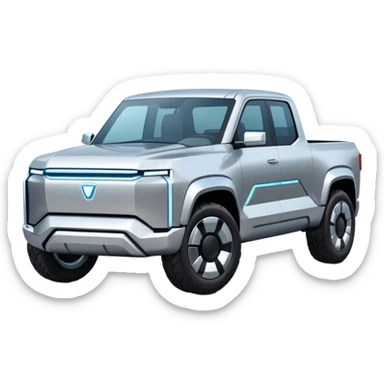 A futuristic electric pickup truck emoji, silver chrome body, angular cyber design, smooth metallic panels, subtle reflections, minimalistic proportions, iOS emoji style, centered composition, clean white background, soft lighting sticker