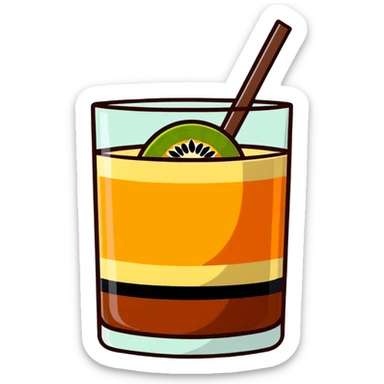 small transparent glass with layered carajillo - yellow-orange liquor visible at bottom, coffee layer on top, with cantaloupe melon slice alongside sticker