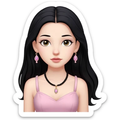 Menina branca ,cabelos longos cor preta , olhos cor preta puxados para cima. Cílios longos, lábios grossos ,nariz pequeno.vestido rosa claro de alça. Jovem de 16 anos .colar e brinco vivara sticker