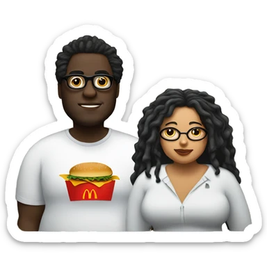 Fat black man with dreads with fat Latina with glasses and curly hair eating McDonald’s  sticker