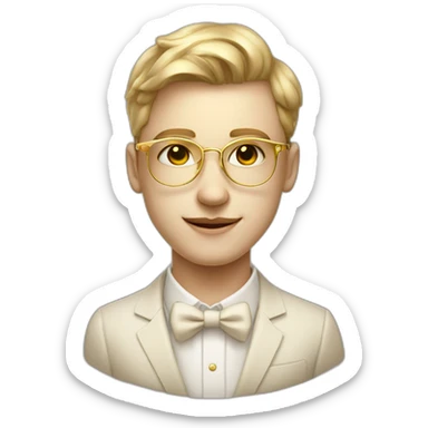 19 years old boy like a gentleman white skin tone. With golden optic glasses. Wearing old money style sticker