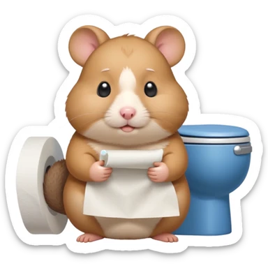 Cute chubby cartoon-style hamster sitting on toilet pooping holding toilet paper looking as if he had an accident, sticker-style illustration sticker
