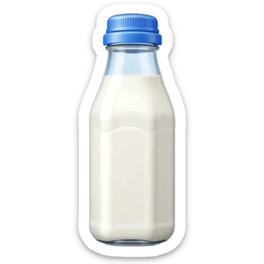 A 3D cartoon bottle of milk with white liquid, blue cap, clean reflections, Memoji-style. sticker