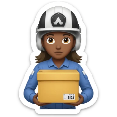 Tengo que dar una capacitacion de orgonomia, necesito un emoji de un operario con pelo largo y casco blanco de manga larga que levante una caja cerrada con las dos manos a la altura de los hombros y que tenga cara de esfuerzo fisico. Que no este saludando, las dos manos sosteniendo la caja.  sticker