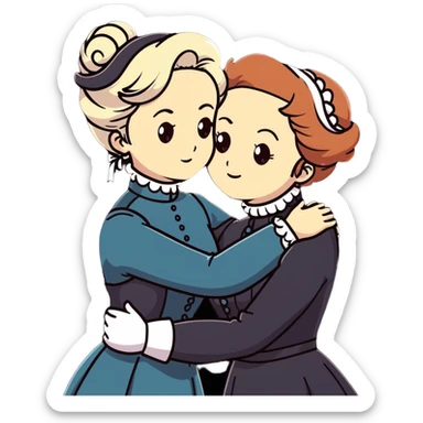 Two Victorian women with light eyes, one with white coiffed hair and one with copper coiffed hair, wearing Victorian high-neck dresses, embracing in a sad intimate hug sticker