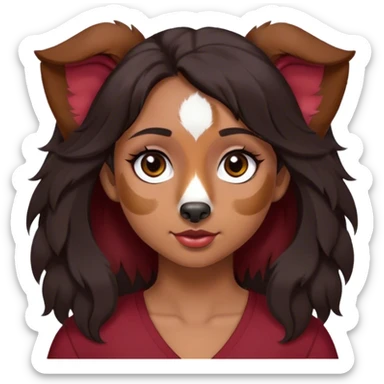 One latina girl with long beautiful dark hair and dark eyes in a dark red v neck and makeup with her black tri colored  Australian shepherd large with floppy ears sticker