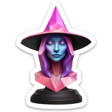 standalone sculpture Mage Witch Hat is geometric, faceted design. The sculpture is standing upright on a base with angular and Alphonse Mucha style. The vibrant midtone tints of pastels and pink highlights the sharp edges and planes.  sticker