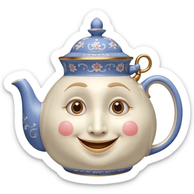 A character from the fairy tale Beauty and the Beast: Mrs. Potts, the lady who was turned into a teapot. She retains the teapot's original form, with an anthropomorphic face on the teapot. sticker