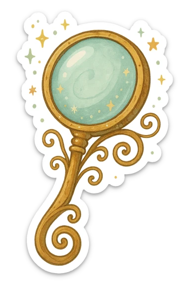 A whimsical magnifying glass with a playful, magical design, curly or ornate handle, slightly oversized lens, lighthearted and charming look sticker