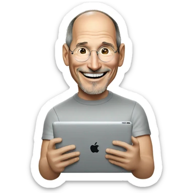 Steve jobs laughing holding an iPad sticker