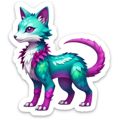 Kawaii cute colorful iridescent deep-dark-turquoise-green and magenta and white beautiful pretty elegant divine edgy feline-vernid-sergal-Fakémon-Pokémon-fursona-animal-creature with accessories, full body, with intricate detailed markings sticker