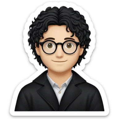 Genera un ragazzo riccio ricco castano e un po’ lunghi che colpirono la fronte, con gli occhiali leggermente tondi di colore nero, con il colore della pelle chiaro. Con un bel sorriso. E gli occhi e le sopracciglia canstani  sticker