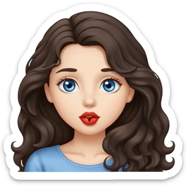 A girl with long, dark brown, wavy hair, grey-blue eyes, Sends a kiss sticker