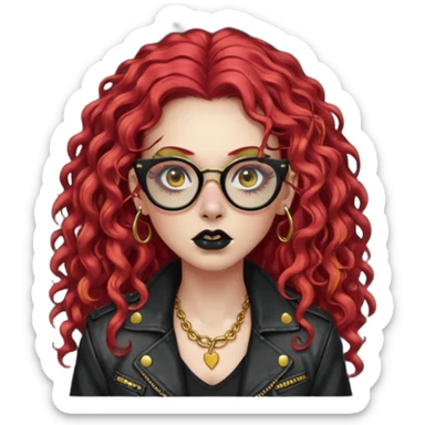 nonchalant zombie with long red curly hair, thick lashes, black square glasses, gold nose piercings on each side of her nose, and a gold eyebrow piercing. sticker