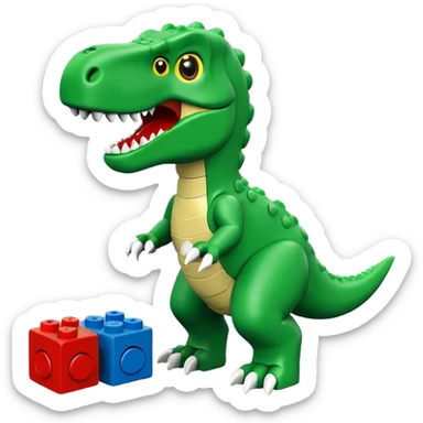 A cute green t-rex playing with LEGO bricks sticker