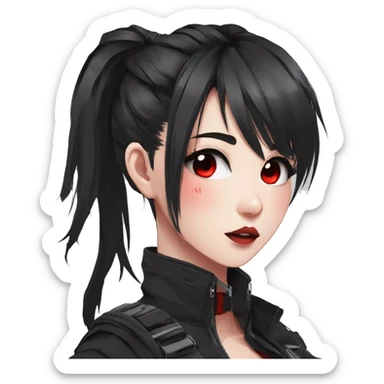 Gorgeous techwear anime style lady with blushing face aesthetic and pretty edgy black red punk messy ponytail with collar and harness trending style sticker
