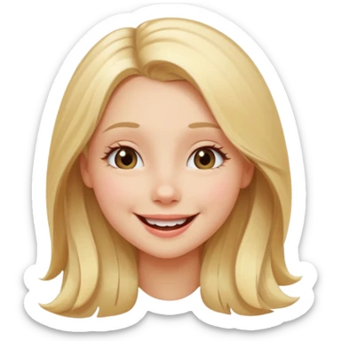 A smiling girl with long blonde hair, winking playfully. The style should match modern emoji aesthetics — clean, rounded features, subtle blush on cheeks, and bright, expressive eyes. The girl should face forward, with one eye closed in a wink and a friendly expression. sticker